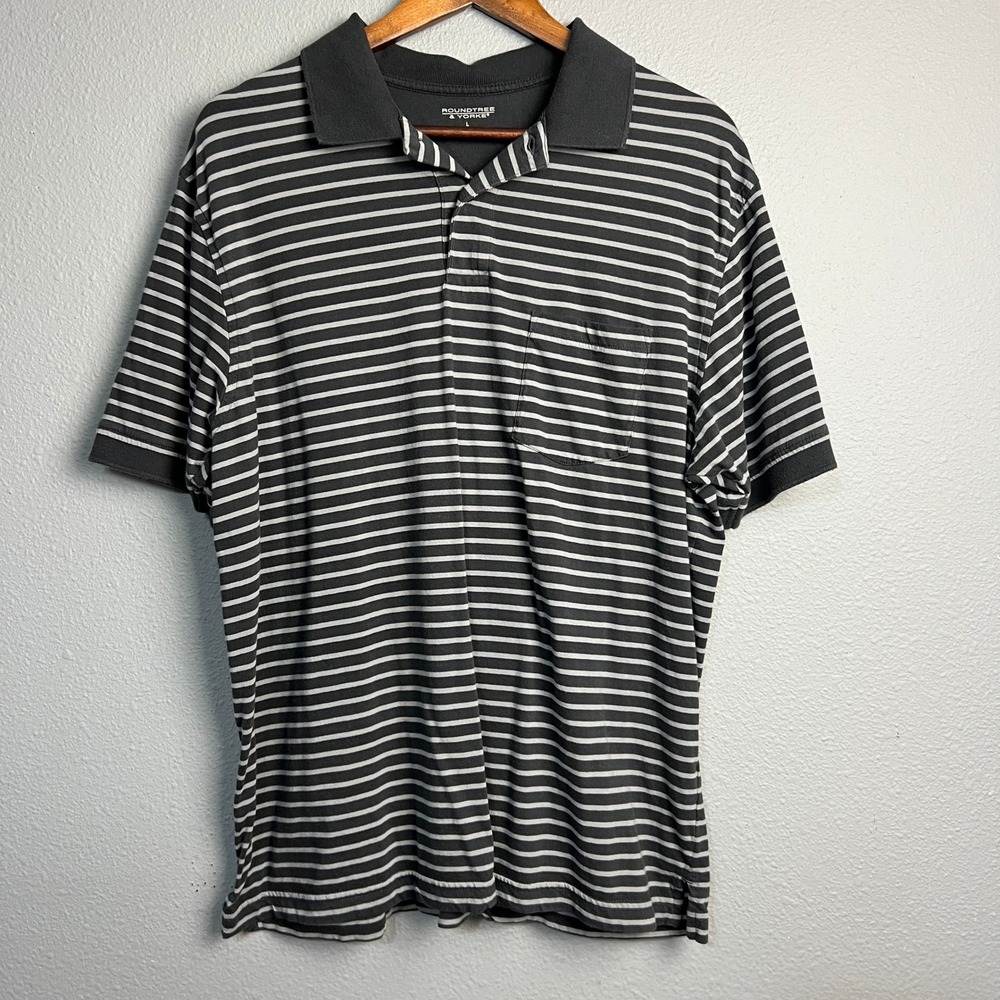 Roundtree & Yorke Mens Polo Shirt Gray White Striped Short Sleeve Cotton Casual‎